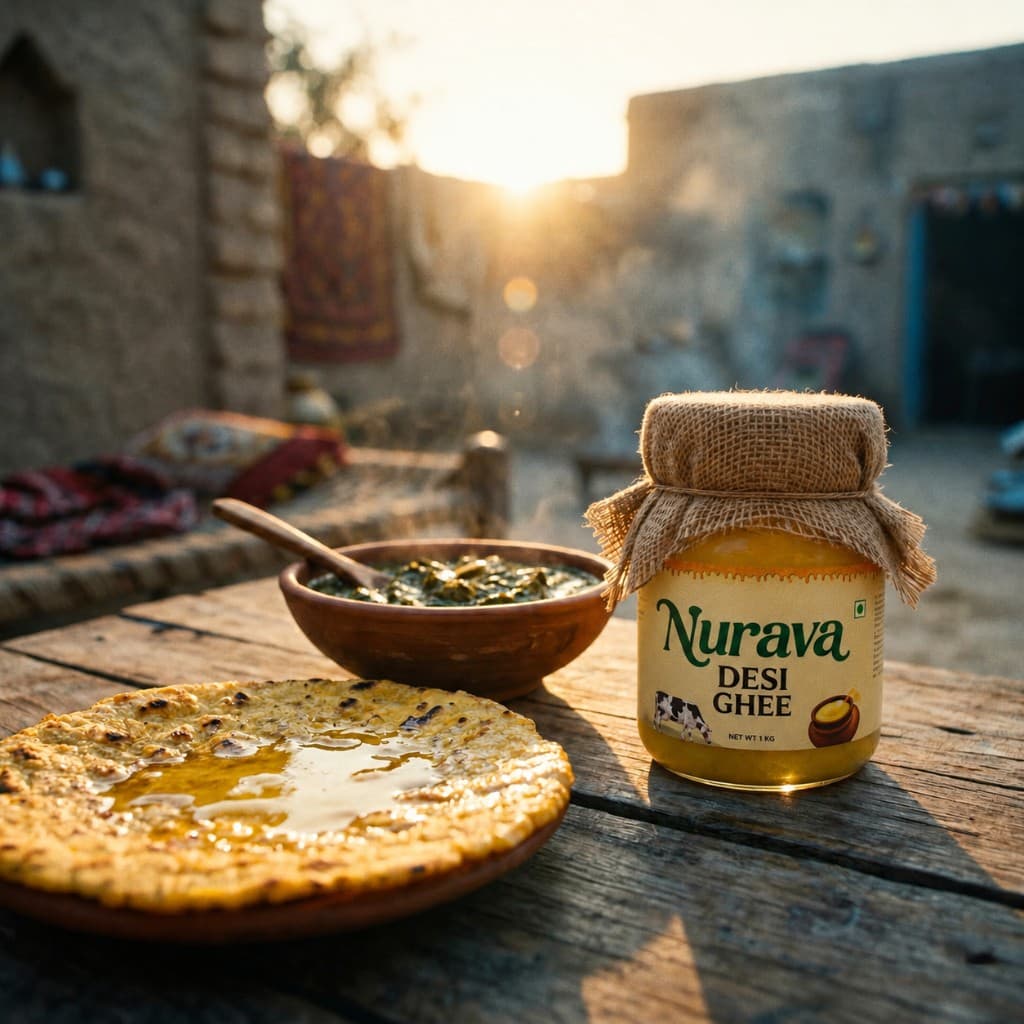 Nurava Desi Ghee jar with fresh parathas at a rustic sunrise setting.